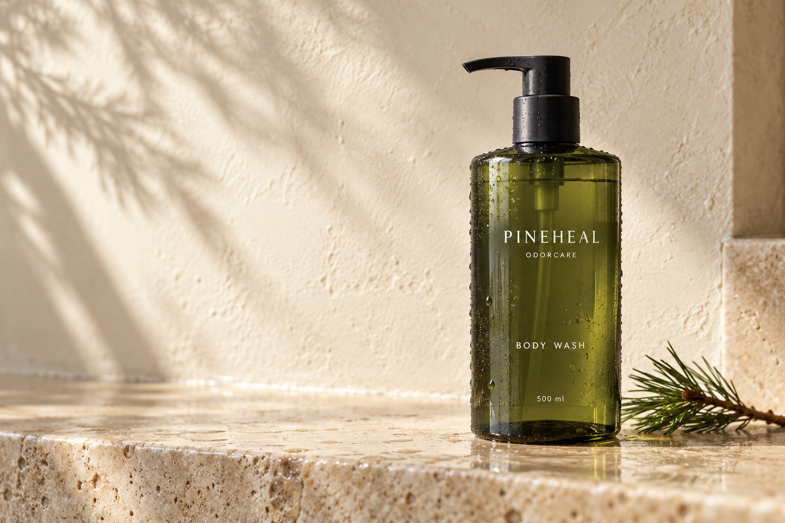 자연광이 비치는 석재 위의 PINEHEAL 바디워시 임시 패키지